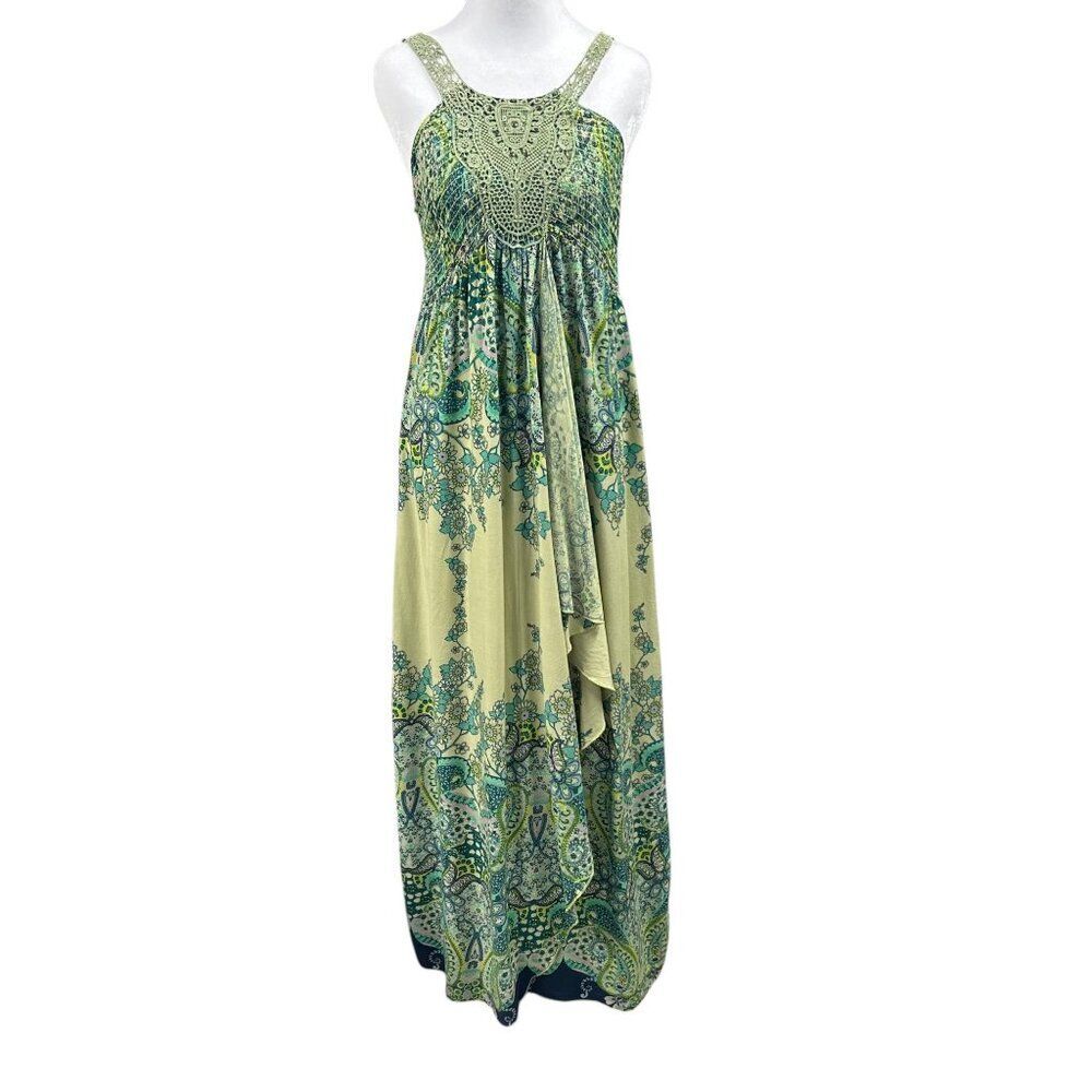 Live and Let Live Boho Crochet Detail Smocked Boho Maxi Dress Sz S Green